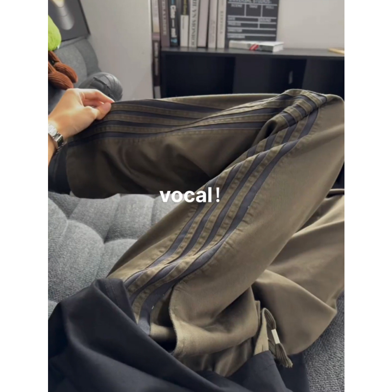 军绿色三条杠裤子夏季薄款冰丝休闲裤直筒宽松潮牌休闲百搭运动裤