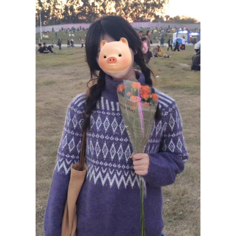 复古北欧风费尔岛紫色高领套头毛衣女秋冬季加厚慵懒风针织衫上衣