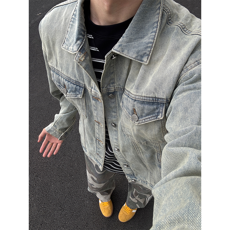 美式高街短款牛仔裤外套男款秋季高级感水洗牛仔上衣潮牌工装外套