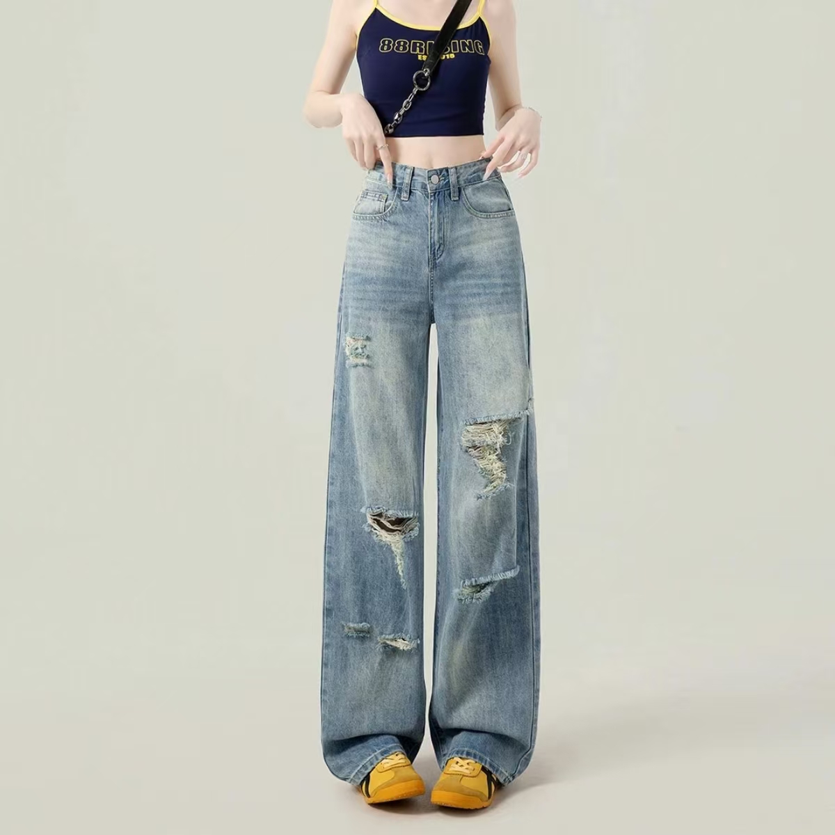 浅蓝破洞阔腿牛仔裤女2025夏季薄款小众女款高腰显瘦宽松拖地裤子