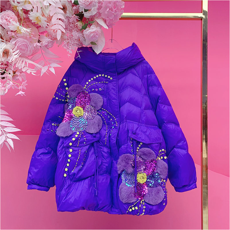 A4794欧美设计师2025冬季新款重工钉钻刺绣拼兔花朵毛羽绒外套女