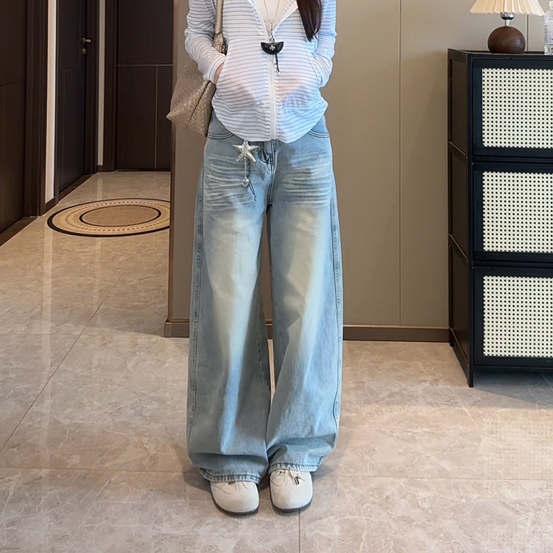 美式浅蓝色阔腿牛仔裤女2025年秋季新款高腰显瘦宽松垂感休闲长裤