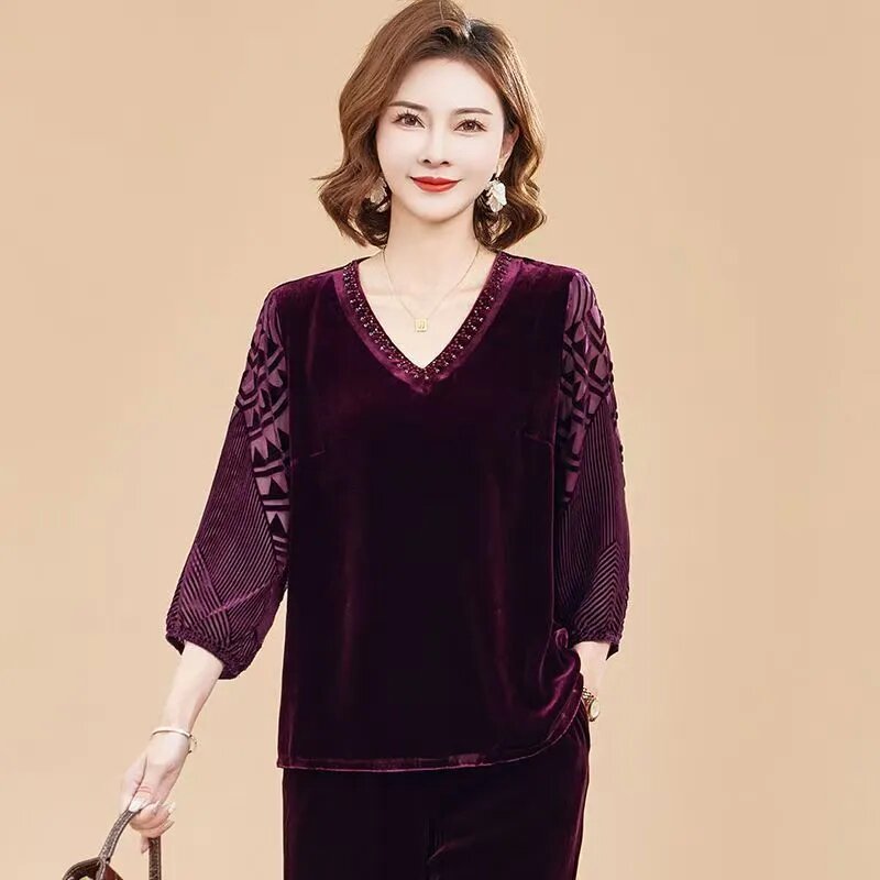 828上衣丝绒中式秋季国风新款中老年洋气妈妈长袖时尚v领宽松上衣