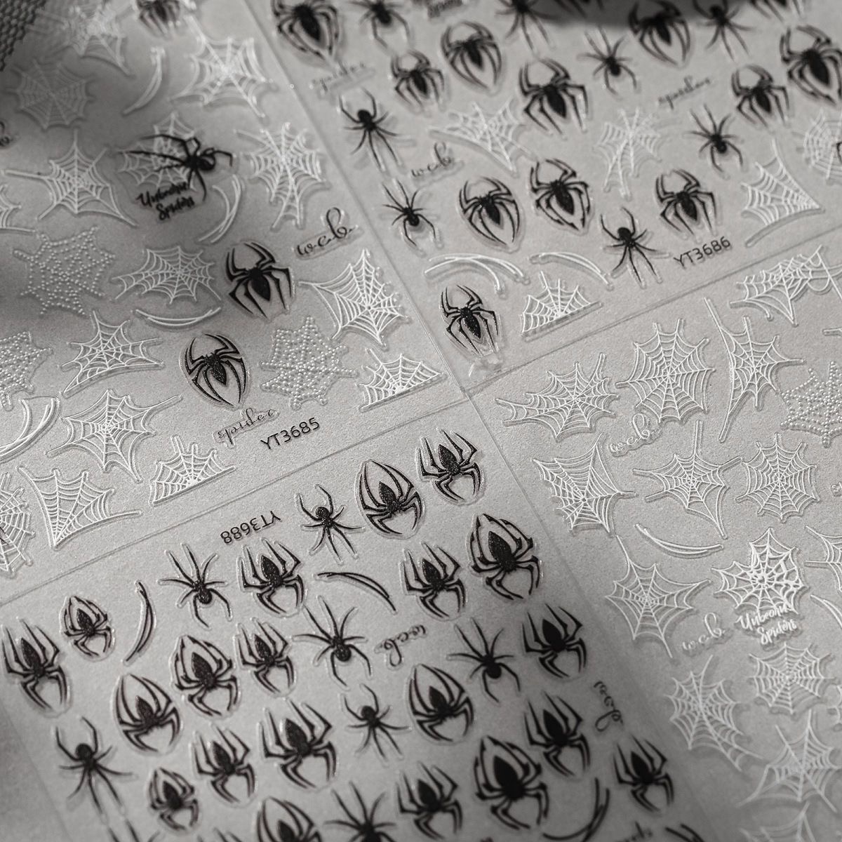 欧美风甜酷暗黑蜘蛛白丝网复古镂空浮雕美甲贴纸款指甲背胶贴美甲