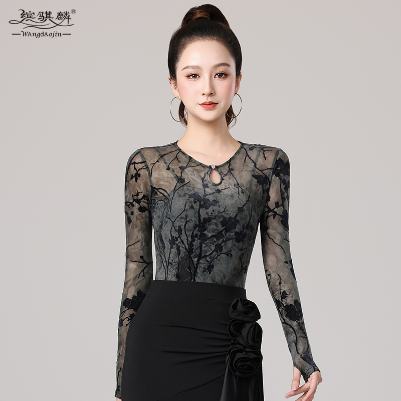 拉丁舞上衣女成人2025新款假两件网纱舞蹈练功服长袖连体摩登舞衣