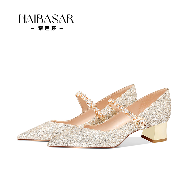 NAIBASAR/奈芭莎婚鞋女香槟色粗跟高跟鞋女单鞋浅口新娘鞋礼服鞋