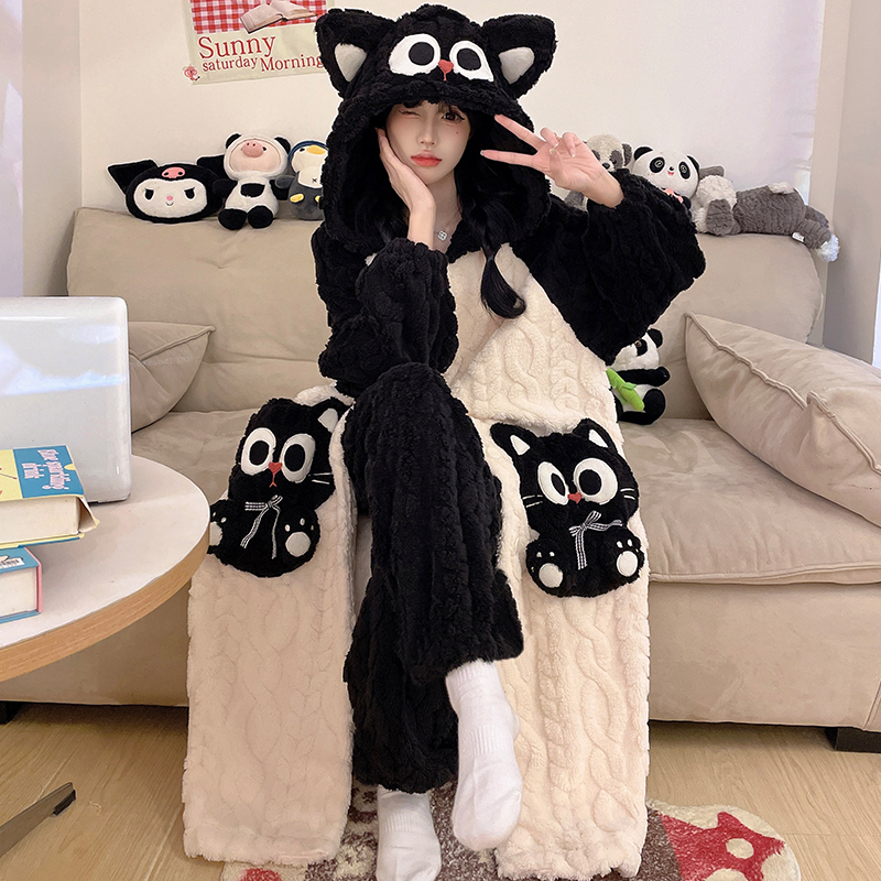 珊瑚绒睡袍女款冬季2025新款黑猫睡衣加绒加厚法兰绒家居服可外穿