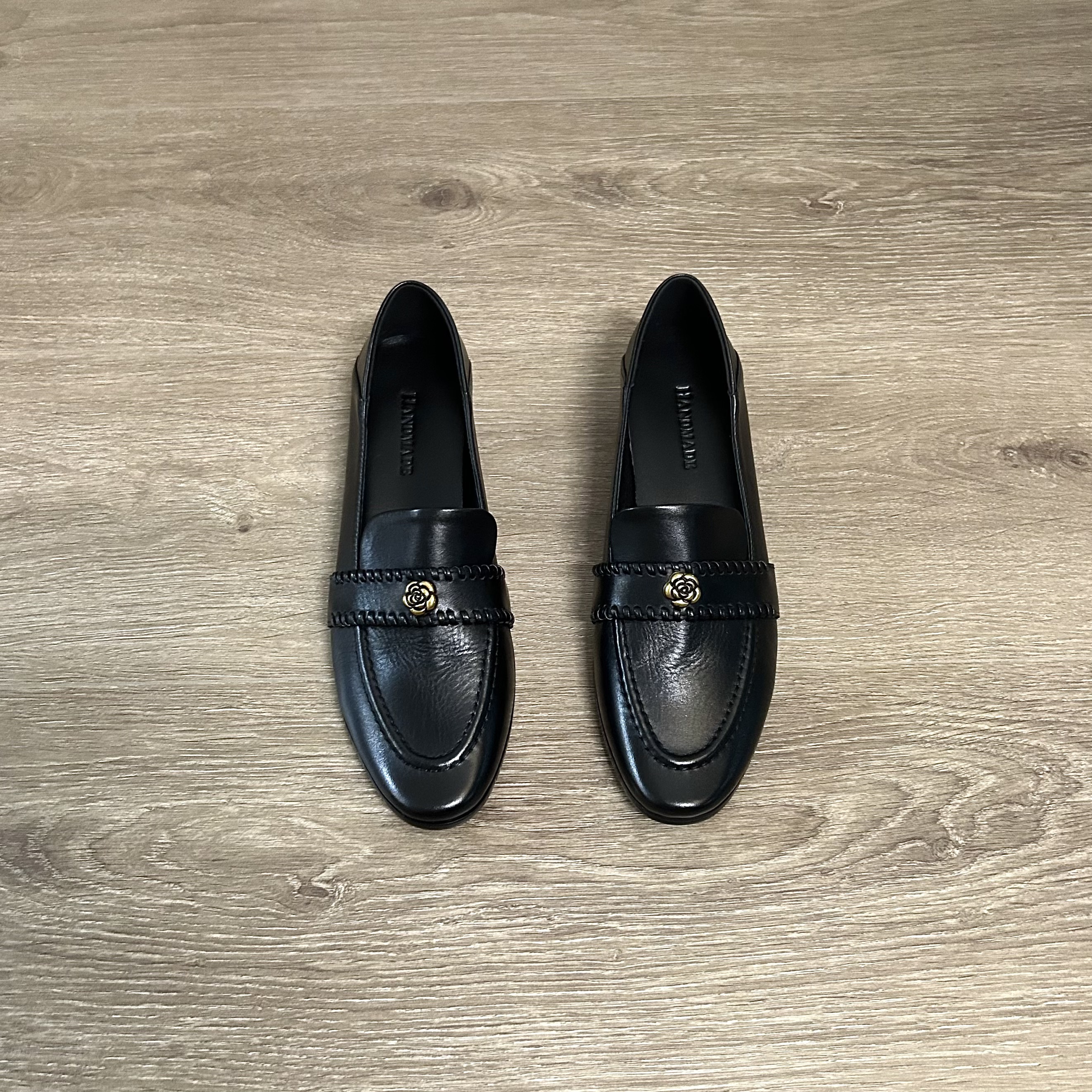 Dannyfrey头层牛皮秋季新款复古时尚编织山茶花女真皮乐福鞋3CM