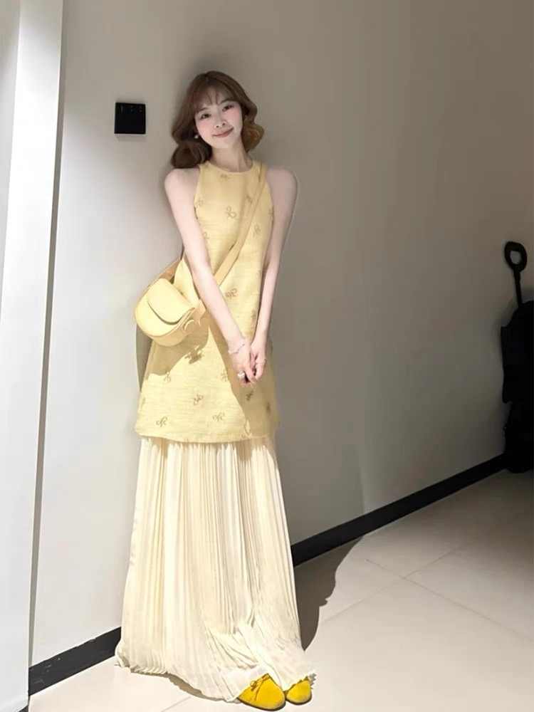 高个子2025新款重工蝴蝶结钉珠小香风连衣裙女假两件无袖背心长裙