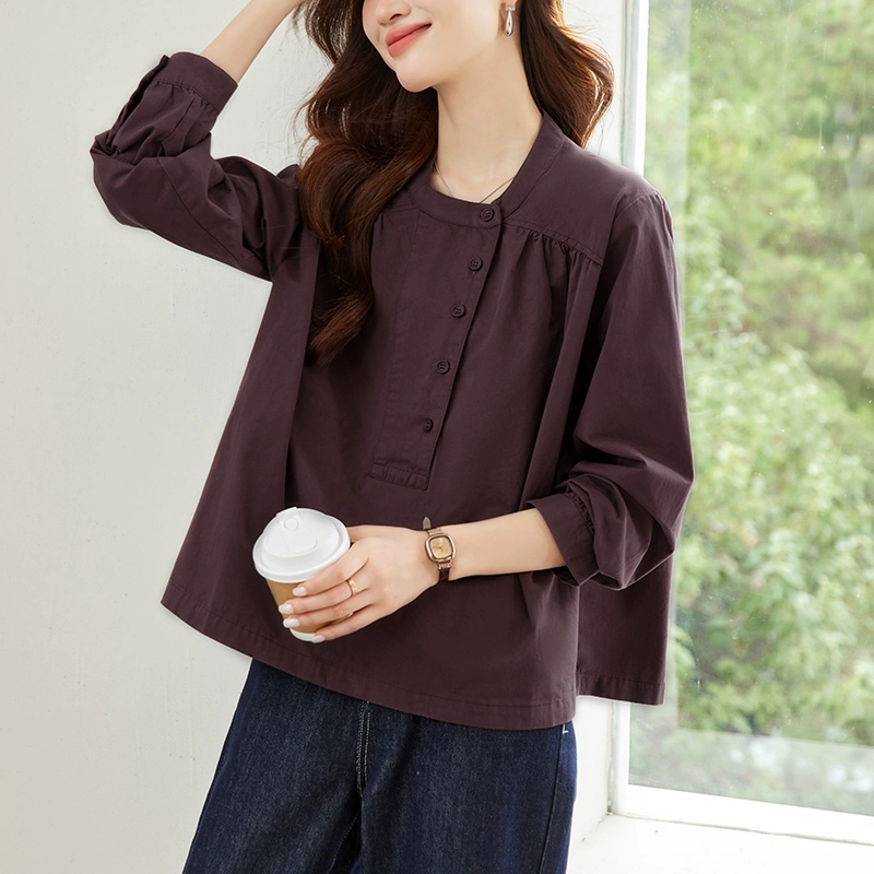 2025春秋新款圆领长袖衬衫女设计感小众韩版宽松休闲衬衣别致上衣