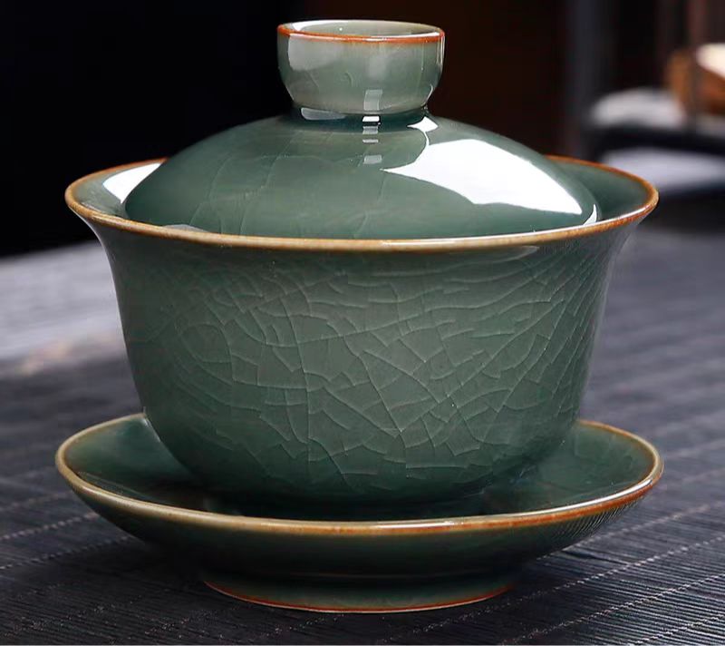 高档冰裂青瓷三才盖碗茶杯单个