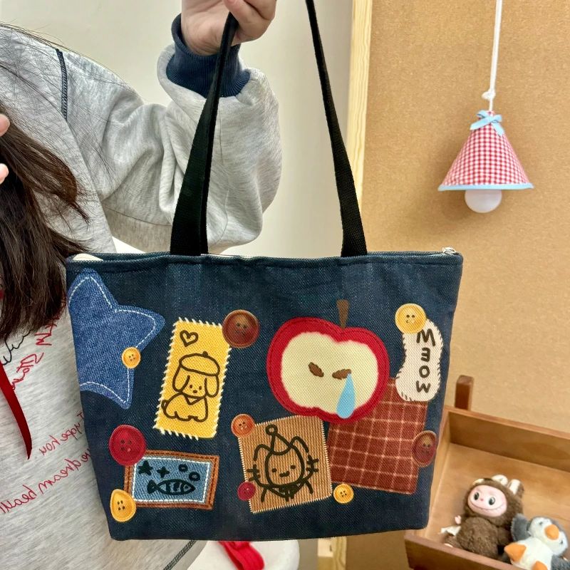 藏青牛仔色帆布包妈咪包上班上课百搭通勤包包ins手提袋上班专用