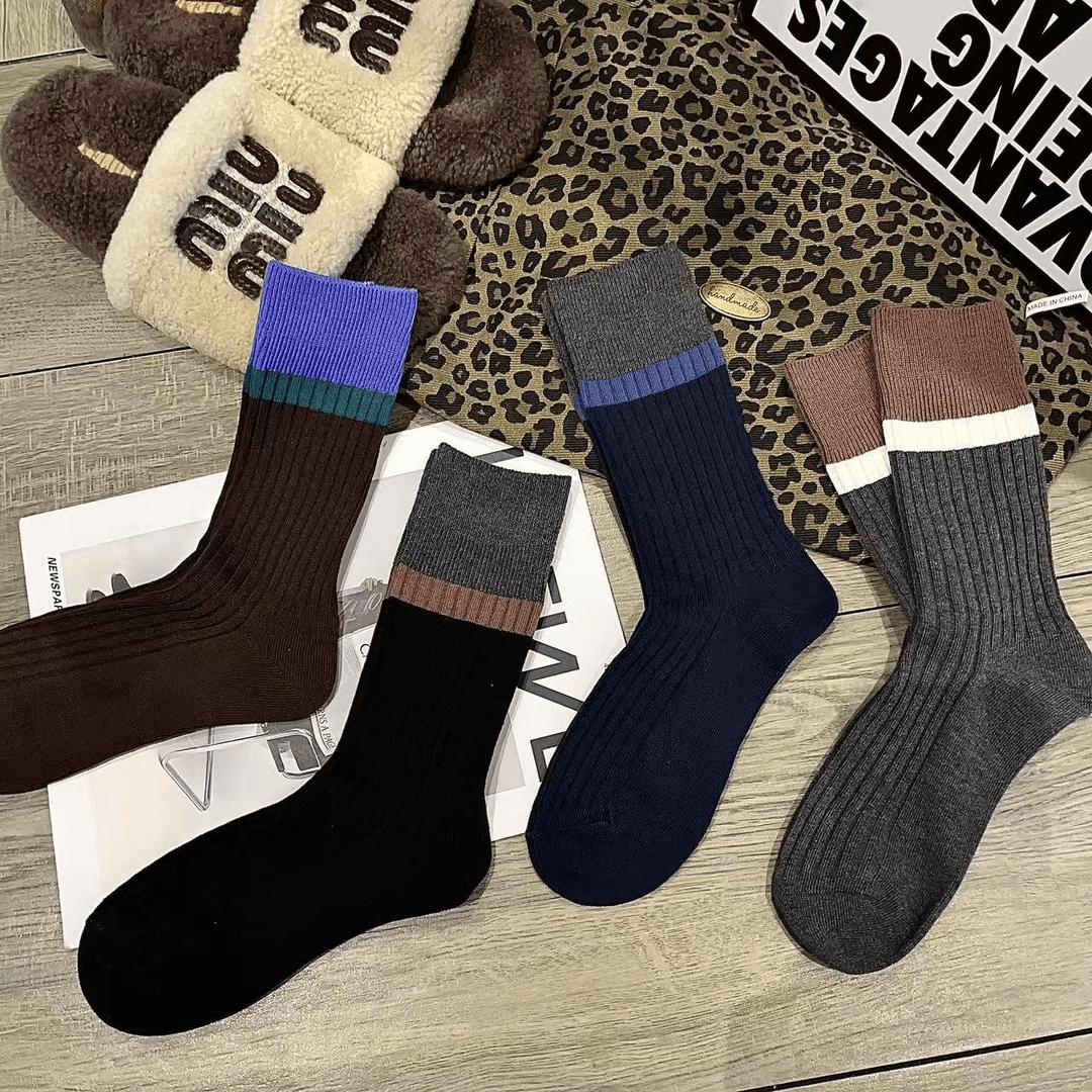 4双装秋冬季女袜子韩系长筒堆堆袜日系复古撞色条纹中筒袜韩版