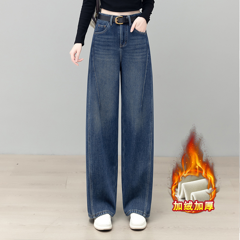 拉夏贝尔深蓝色复古弯刀牛仔裤女士2025冬季加绒时髦宽松百搭长裤