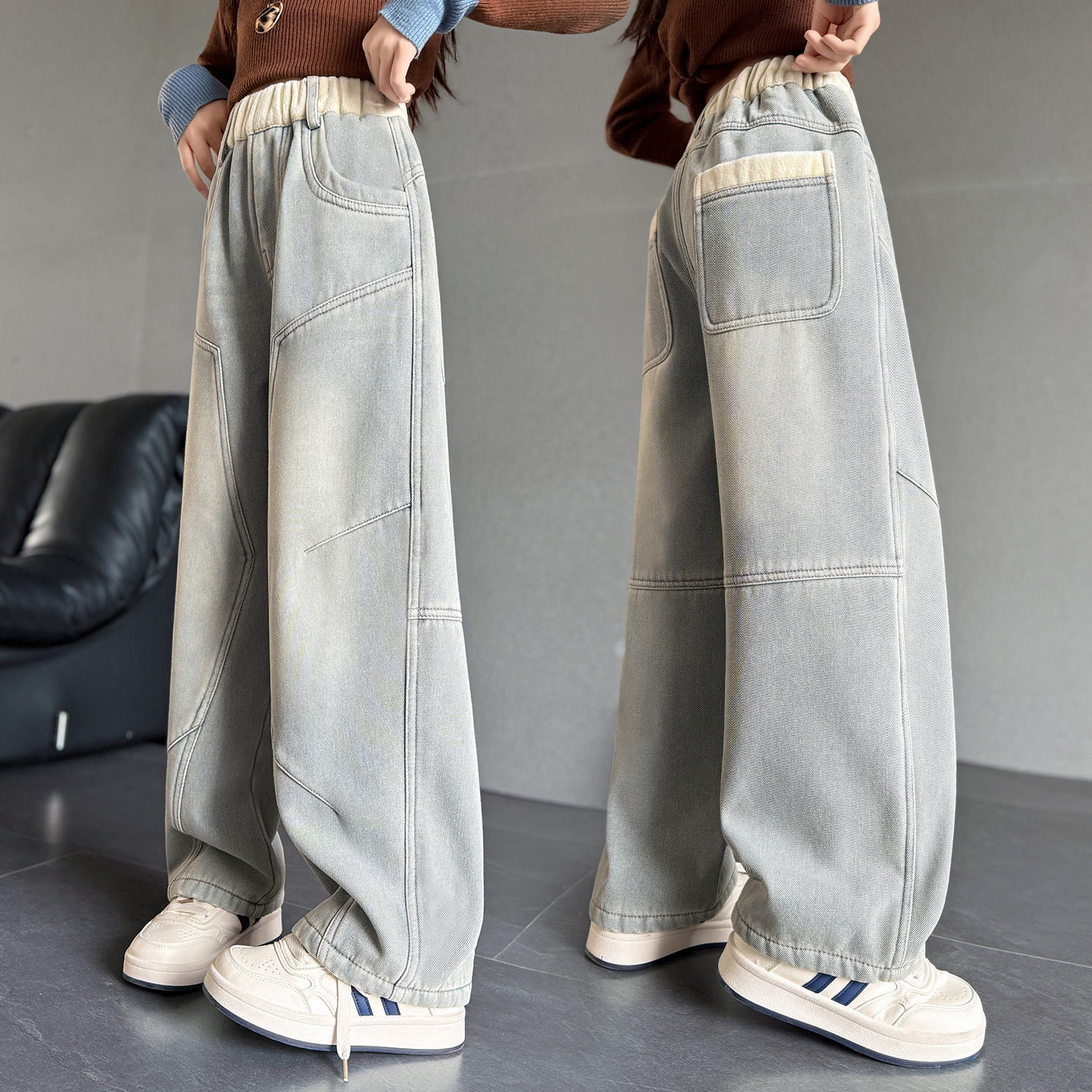 女童加绒浅色系奥粒绒牛仔裤冬季高腰长裤复古大码阔腿裤宽松裤子