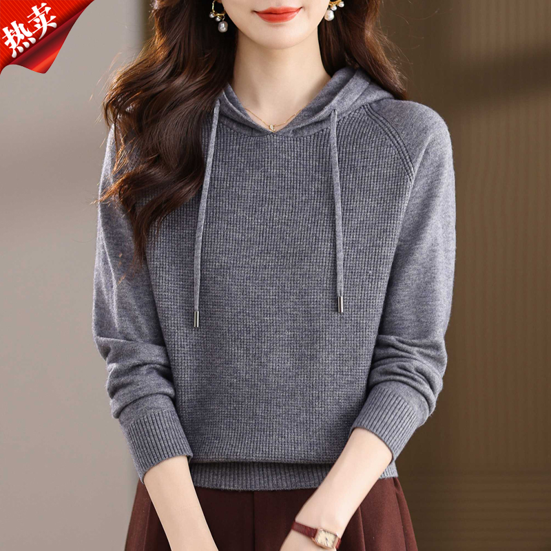 【原版正品】羊毛衫女连帽针织衫简约显瘦套头短款长袖宽松外穿打底