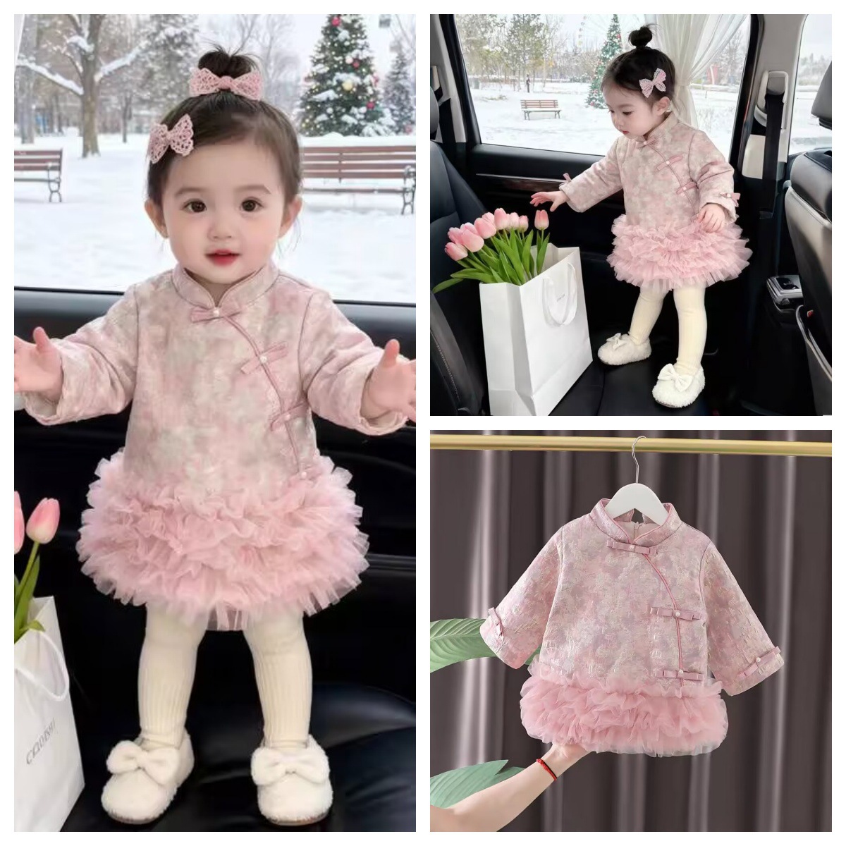 【现货】女童夹棉双面唐装连衣裙新中式复古网纱旗袍裙儿童拜年服