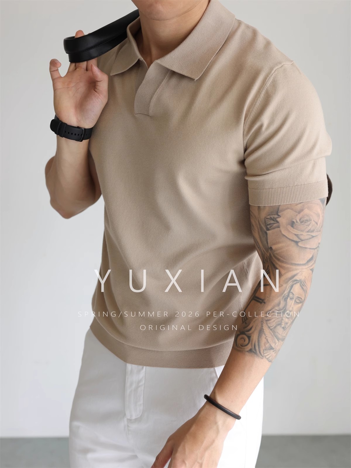 YUXIAN美式V领垂顺POLO衫男士海鸥领复古针织短袖纯色T恤春夏季