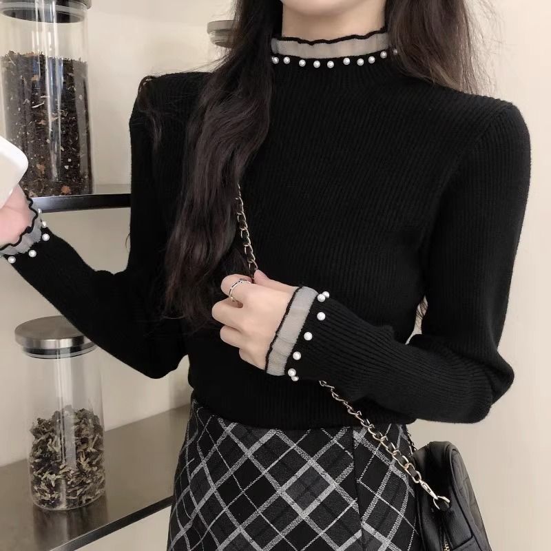【现货】半高领黑色长袖毛衣针织衫秋冬时尚百搭洋气内搭打底衫上