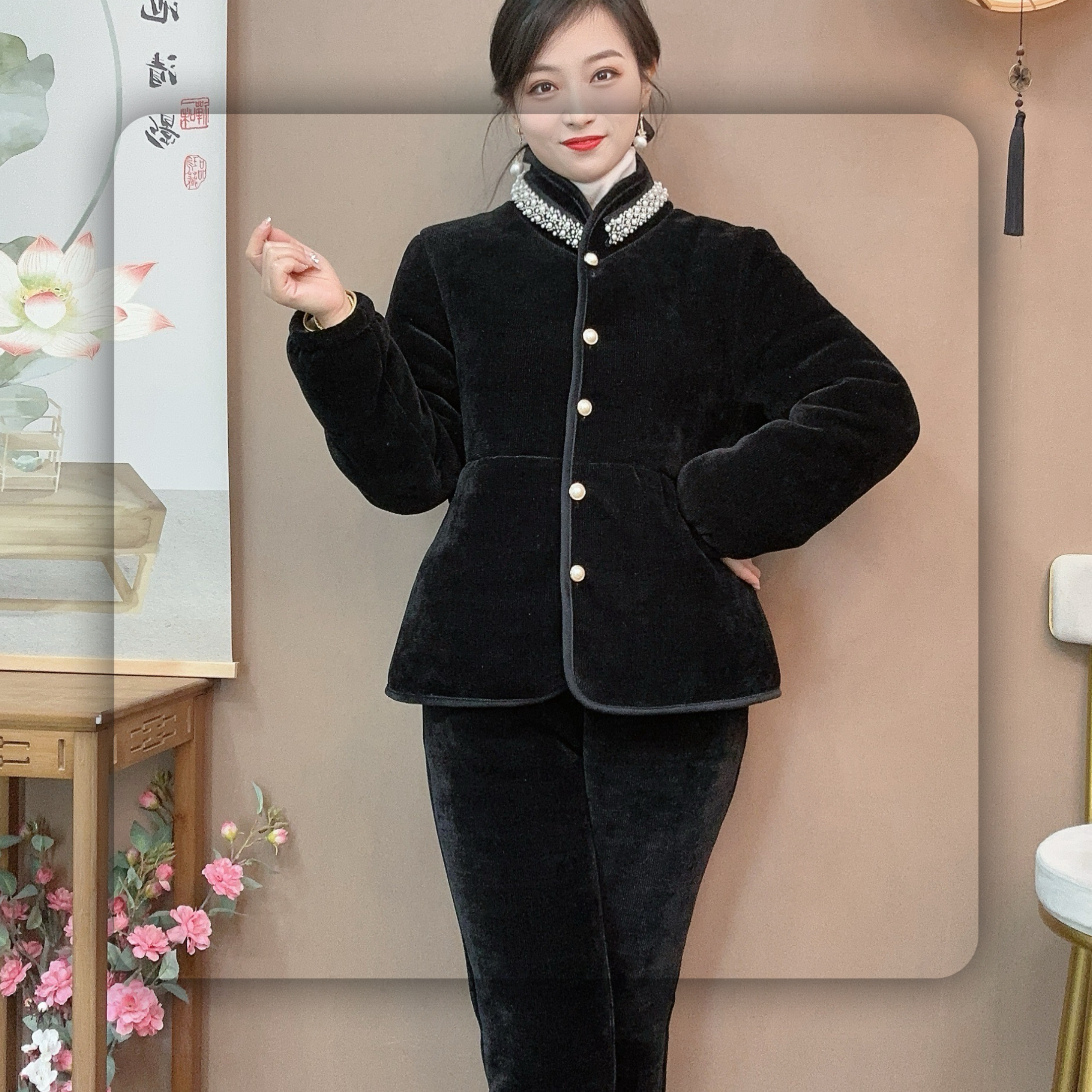 「高档」珍珠领洋气雪尼尔面料三层加厚小香风家居服外穿套装加绒