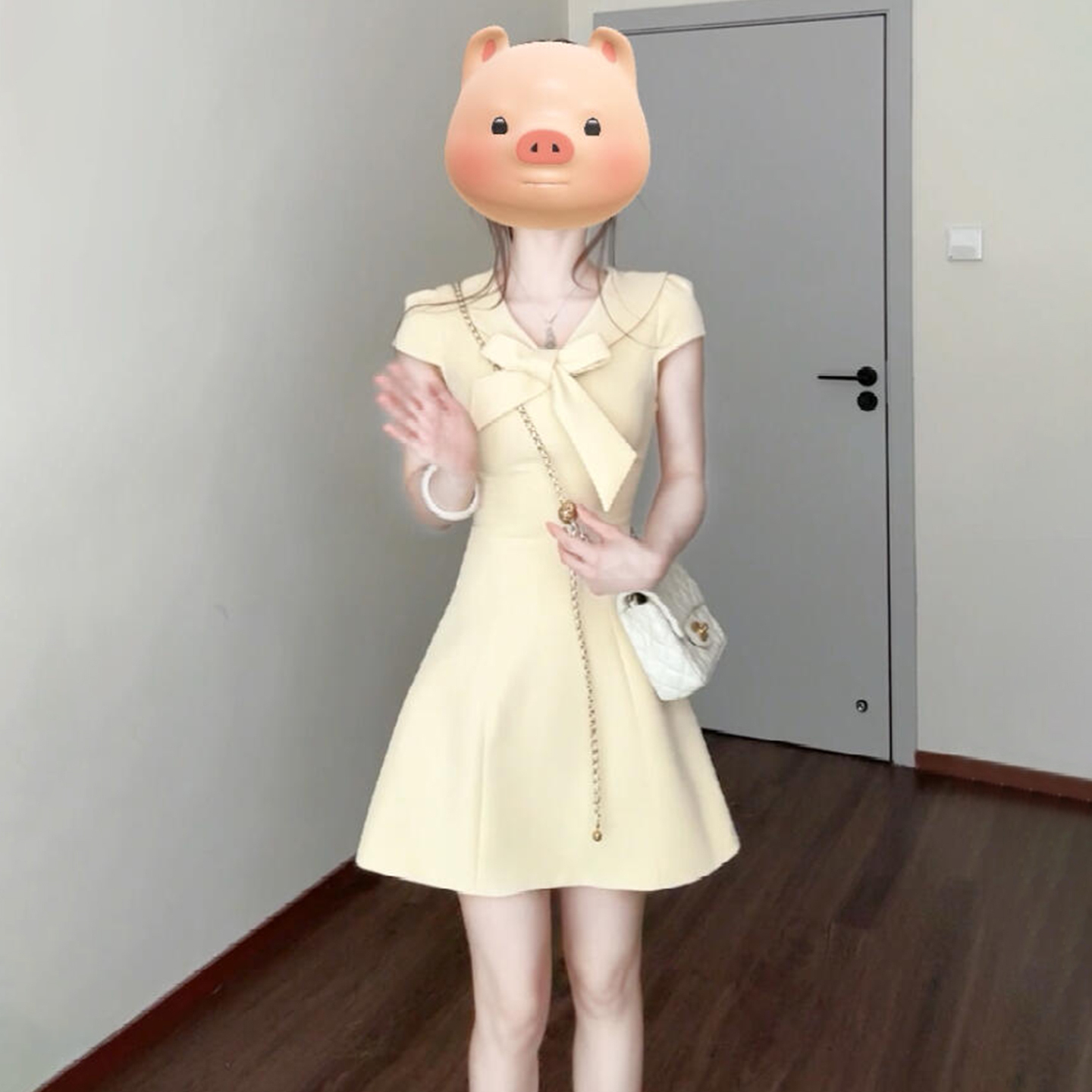 4762海军领黄色连衣裙女装爆款小个子巨好看绝美短裙