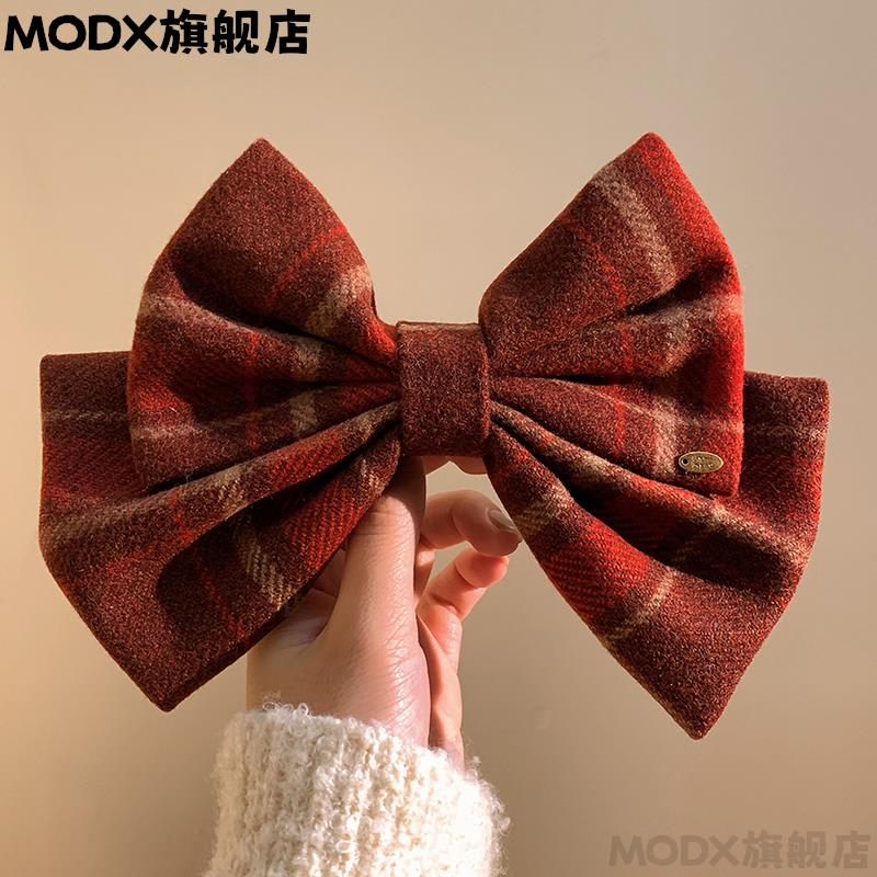 MODX耶诞节红色蝴蝶结格子发夹女后脑勺半扎发鸭嘴夹头饰夹子新年