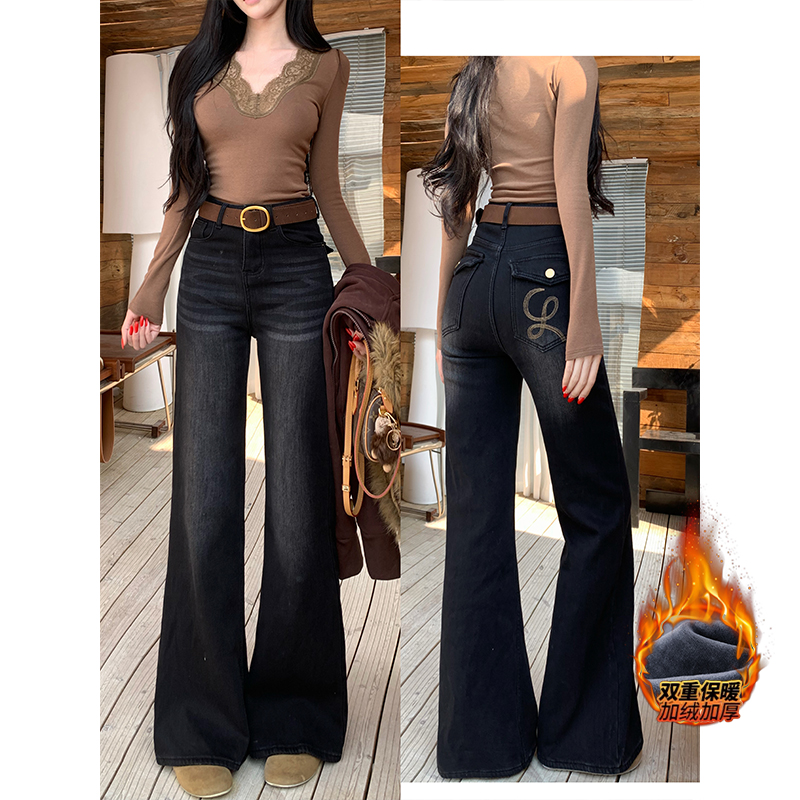 复古口袋刺绣不贴腿牛仔裤女2025冬季加绒高腰修身显瘦垂感微喇裤