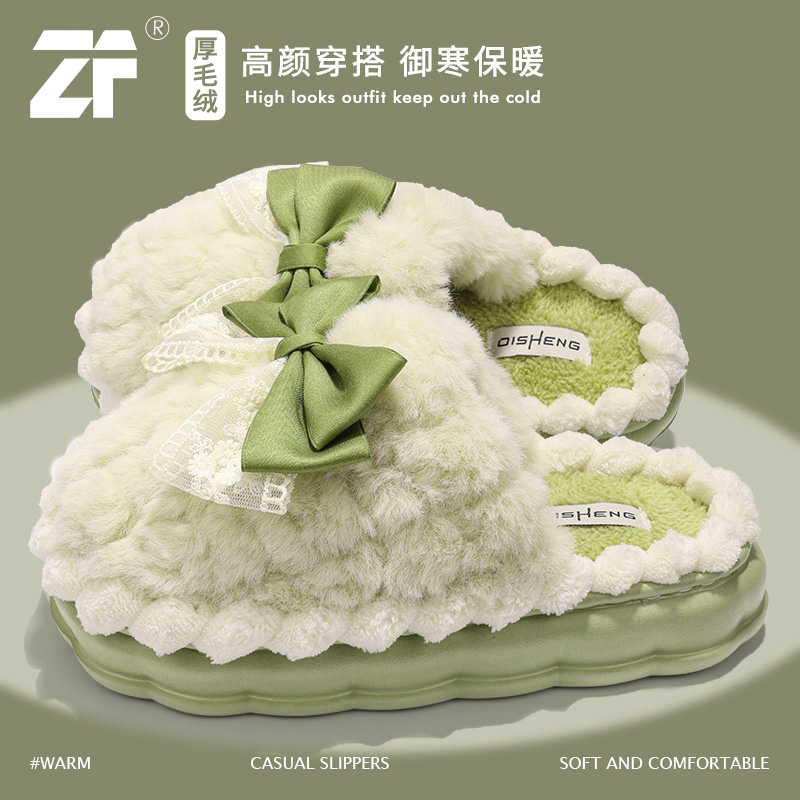 蝴蝶结棉拖鞋女款2025新款爆款居家防滑厚底踩屎感加绒毛毛拖鞋女