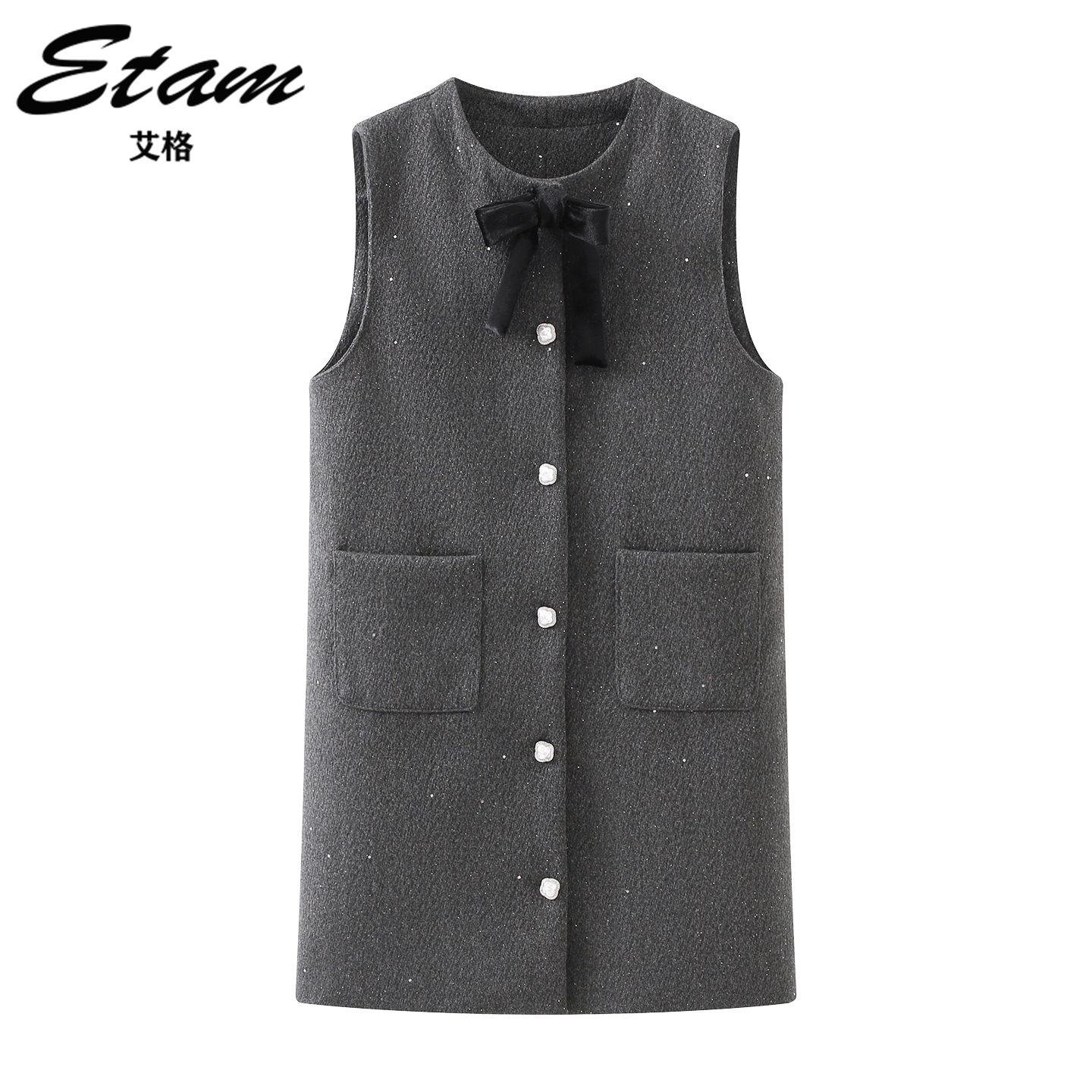 Etam/艾格轻奢风蝴蝶结圆领无袖亮丝背心裙冬季新款高级感连衣裙