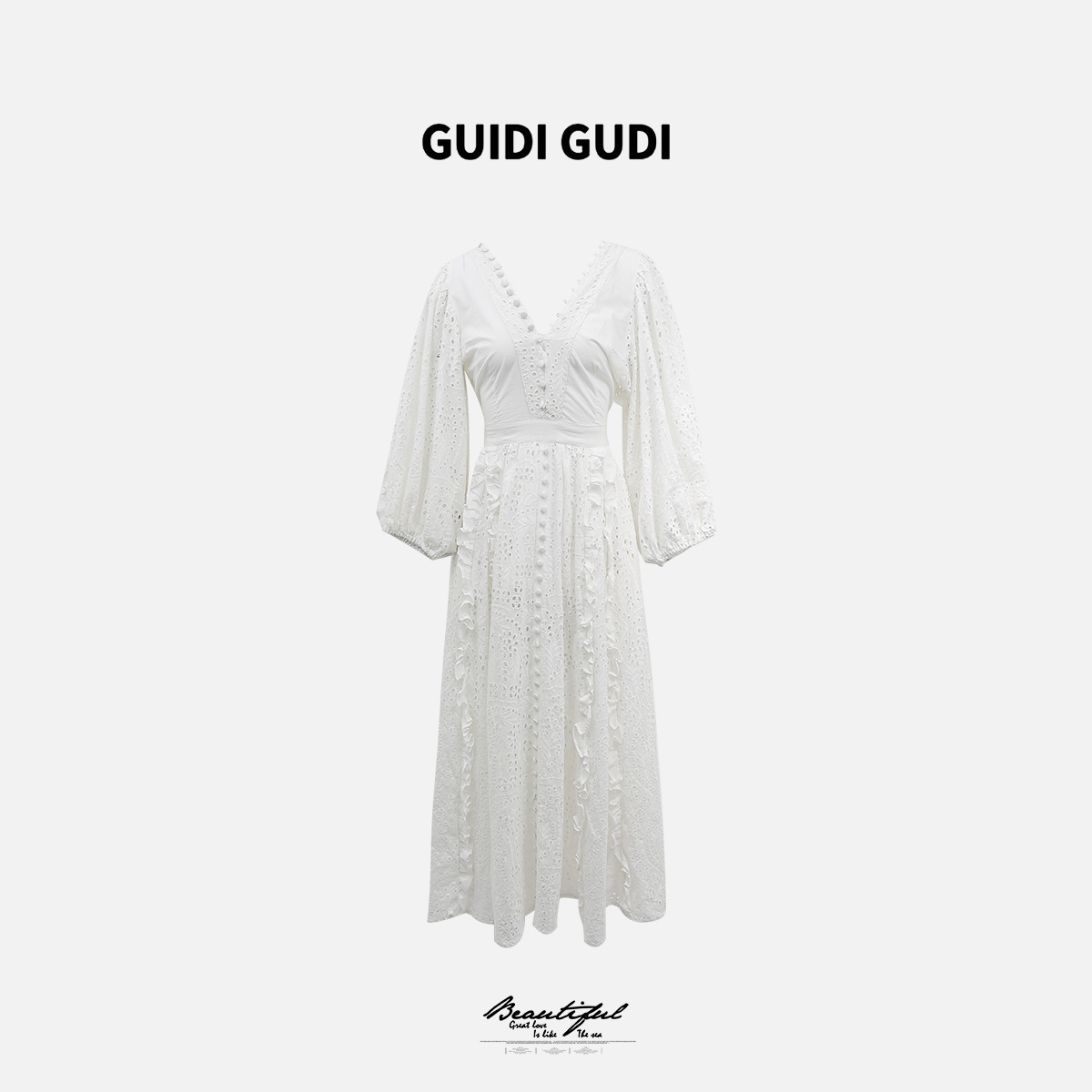 GUIDI GUDI【不羡仙】黄加蓝镂空波西米亚风长袖连衣裙