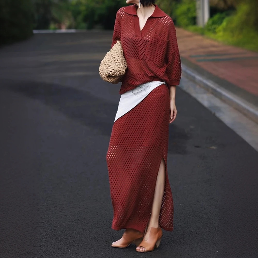 2025新款初秋绝美套装穿搭女时红色针织镂空衫开叉半身裙两件套