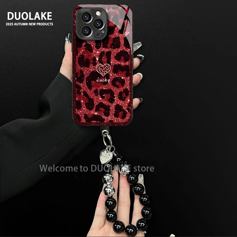 豹纹爱心适用苹果vivo华为oppo小米iPhone17电镀玻璃防摔手机壳女