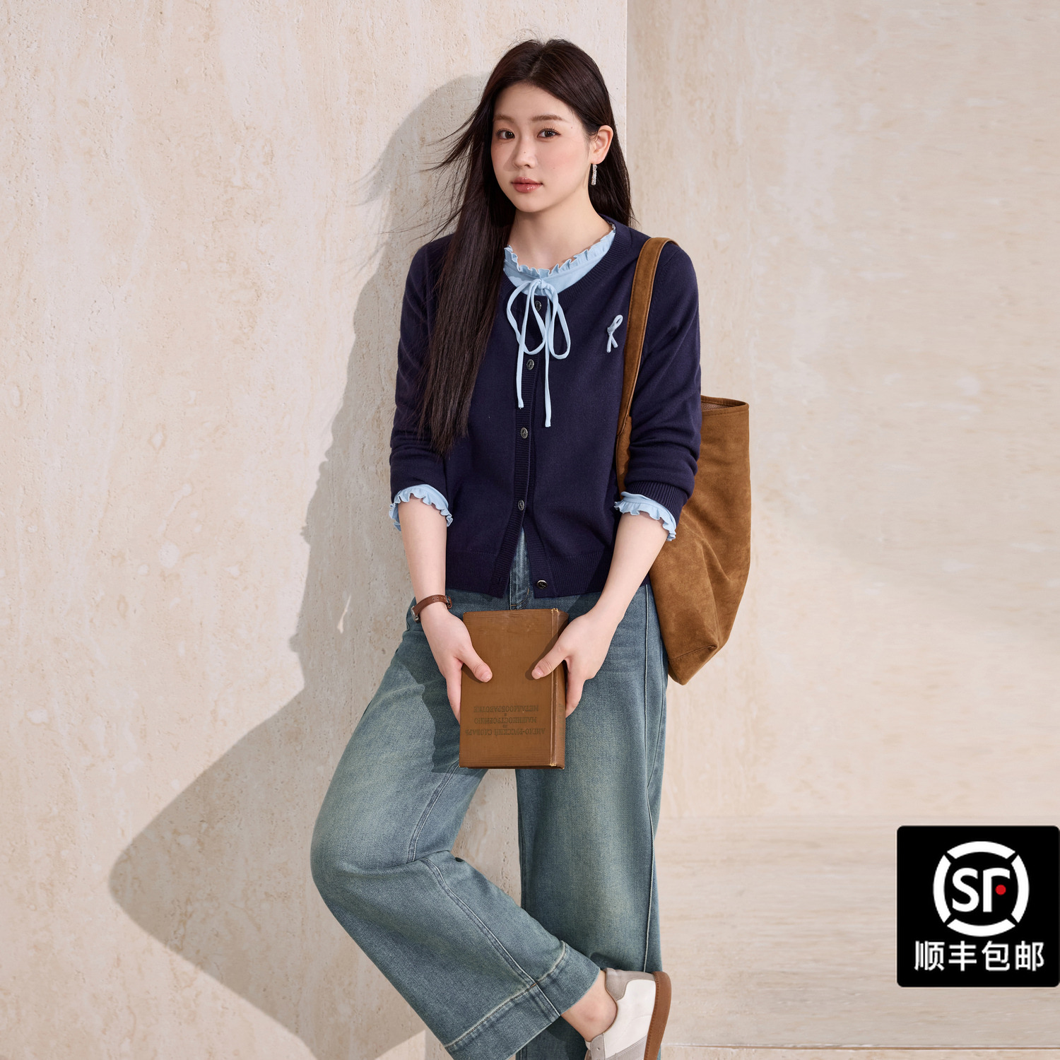 蓝语大码秋季蝴蝶结圆领毛衣女藏青色长袖针织打底衫两件套15660