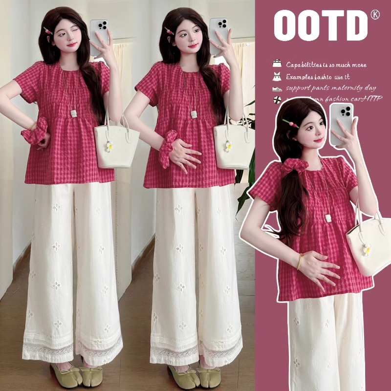 孕妇装套装2025新款夏季韩系宽松树莓红短袖上衣镂空阔腿裤两件套