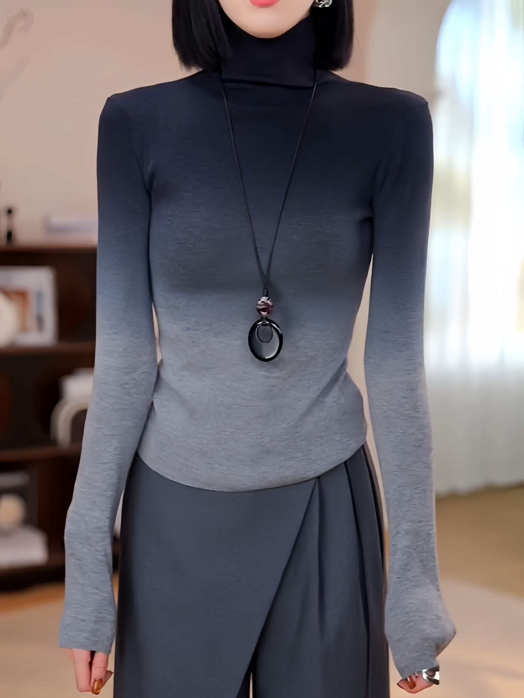 高级感灰色渐变高领针织衫女2025秋冬新款设计感气质修身显瘦上衣