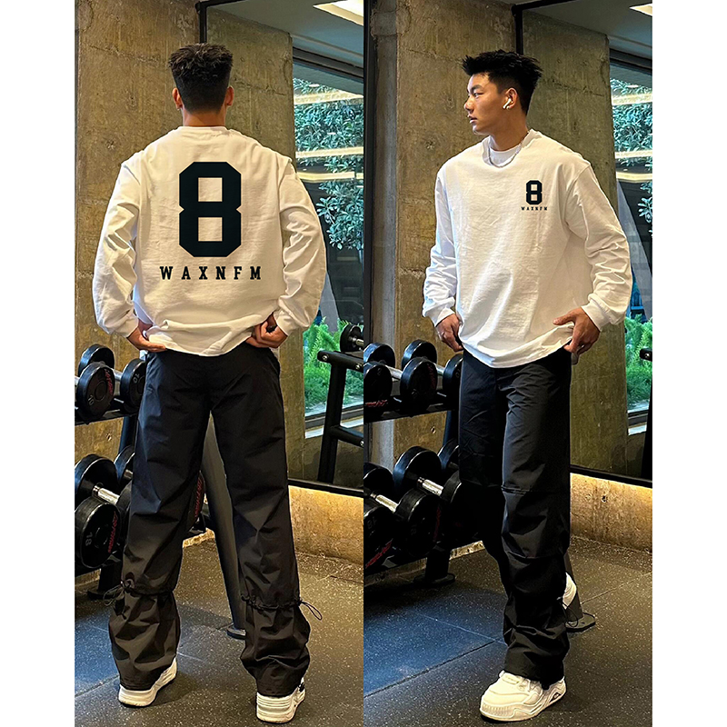 特大码300斤潮牌数字8印花重磅长袖t恤春秋新款宽松圆领上衣