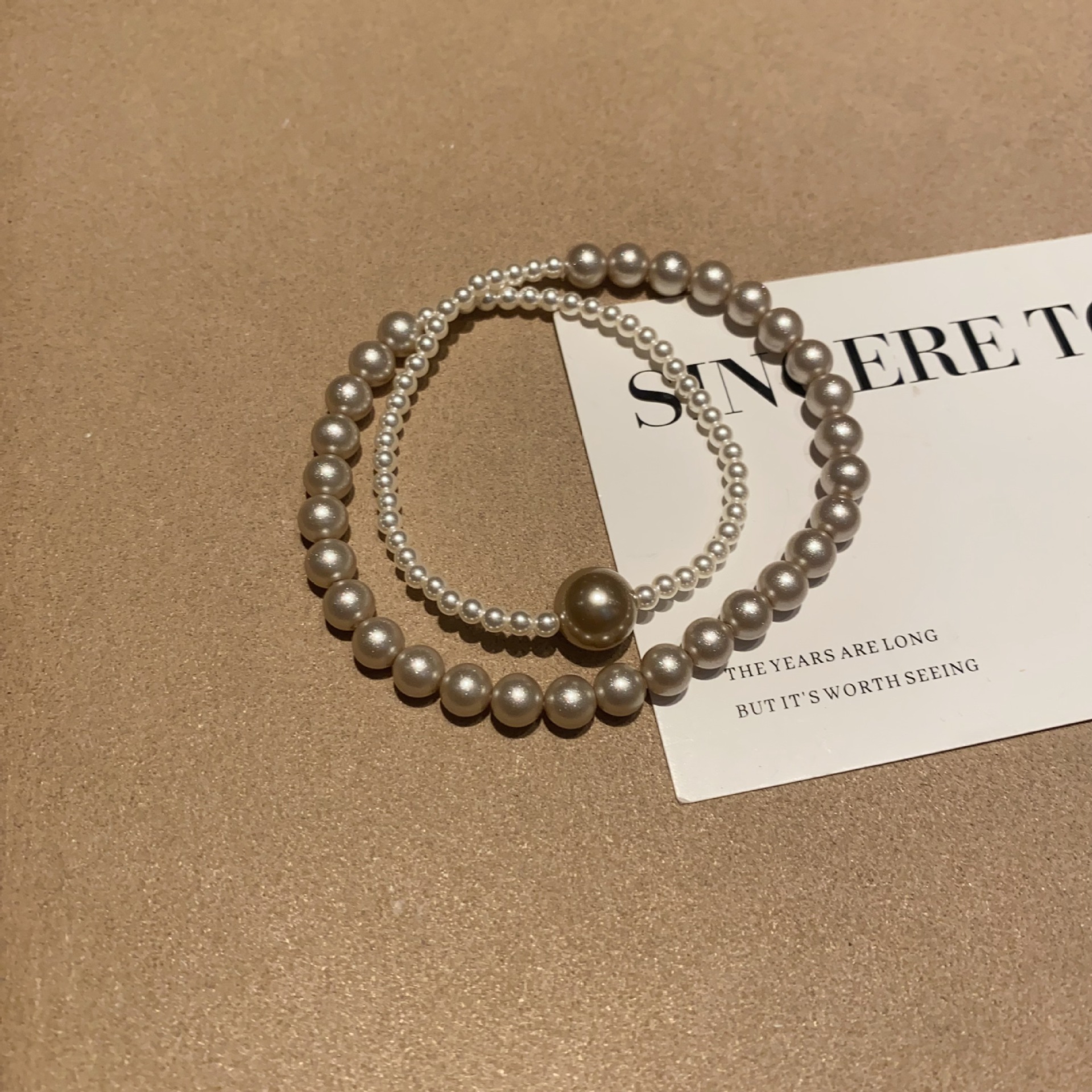 铜合金手链 韩系百搭香槟金珍珠双层手串复古精致轻奢设计手链