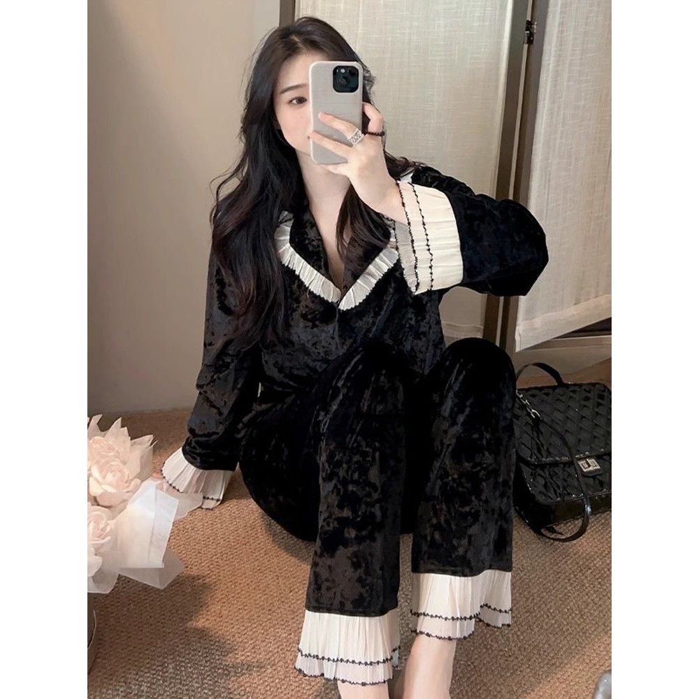 【DMXJ大梦想家】黑色金丝绒睡衣女秋冬款款高级感甜美可外穿家居服