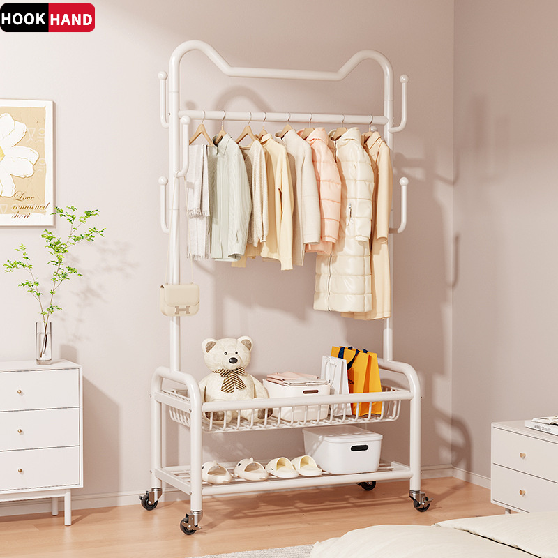 猫耳衣帽架带筐带滚轮挂包挂衣架落地衣架卧室室内简易金属晾衣架