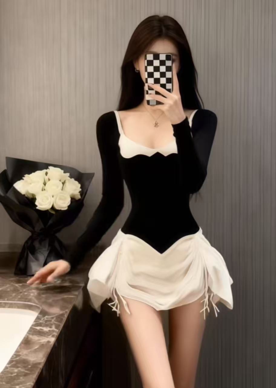 韩版气质撞色U领长袖修身收腰设计连衣裙【下裙为抽绳需自行调整】