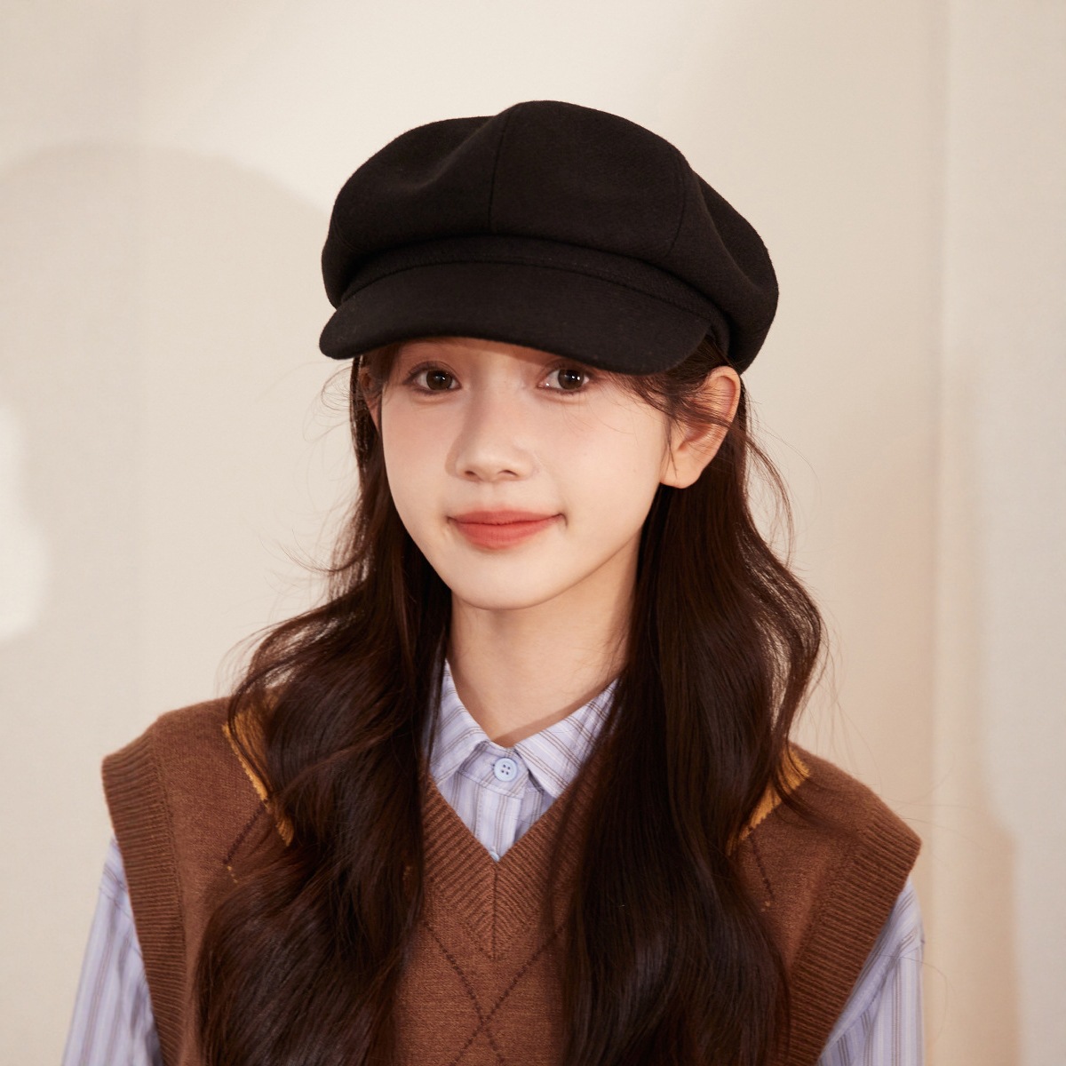 秋冬百搭毛呢八角帽日系时尚复古贝雷帽显脸小保暖防寒洋气报童帽