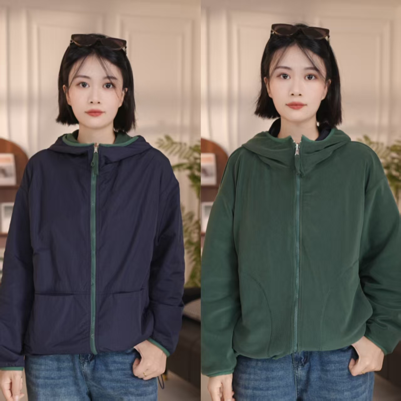 2025年休闲秋冬季新款双面穿百搭简约连帽加绒上衣防风外套女潮