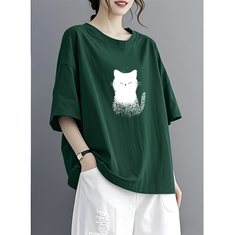 墨绿色高品质纯棉短袖T恤女夏新款时尚复古猫咪印花欧货小衫上衣