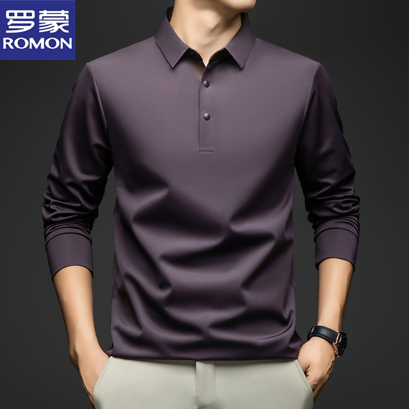 罗蒙秋季含桑蚕丝长袖T恤超声波撞色门襟无痕免烫男士商务polo衫