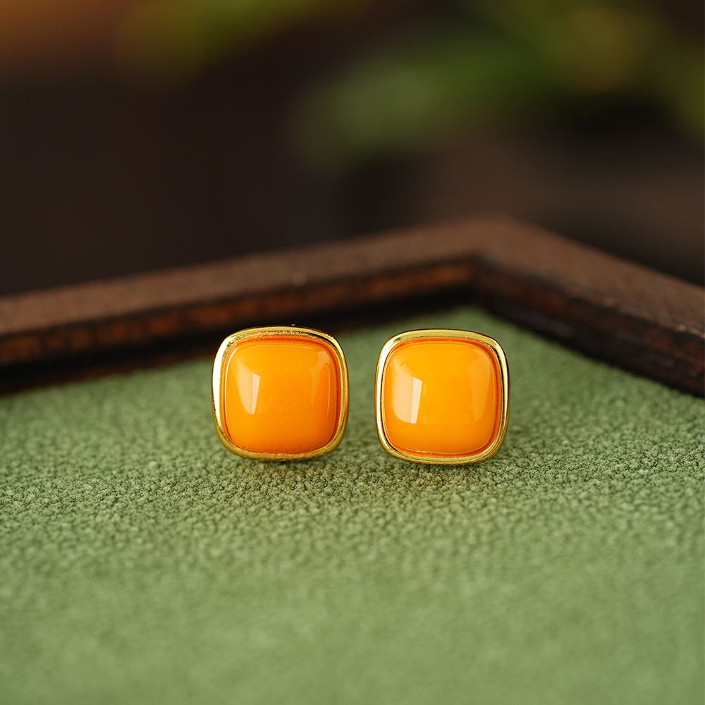 御臻珠宝｜蜜蜡｜S925银｜方糖蜜蜡银耳坠耳钉精美复古国风女气质