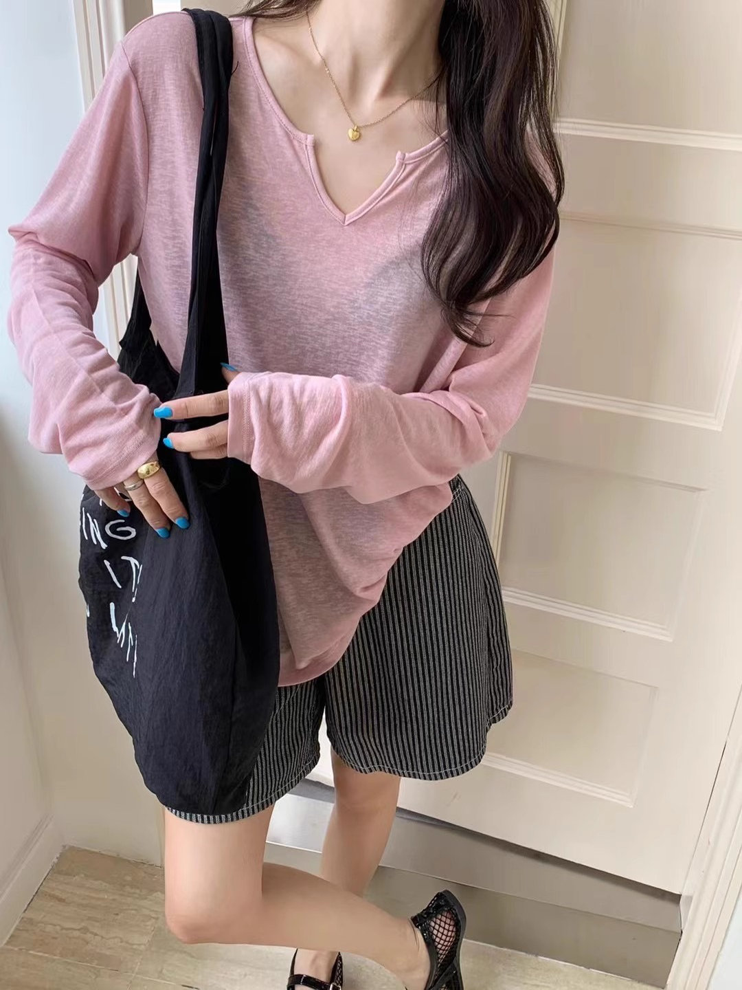 冰感莱赛尔雪花棉防晒罩衫女夏季薄款v领空调衫慵懒风长袖微透T恤