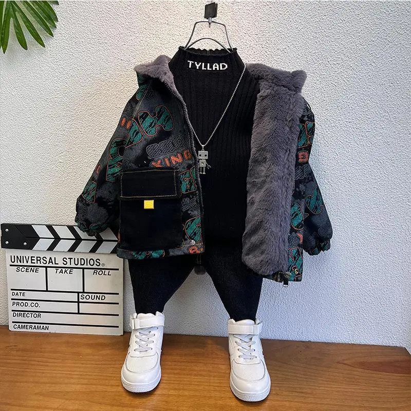 男孩棉袄冬季加绒牛仔外套新款帅气宝宝秋冬款男童冬装加厚上衣潮