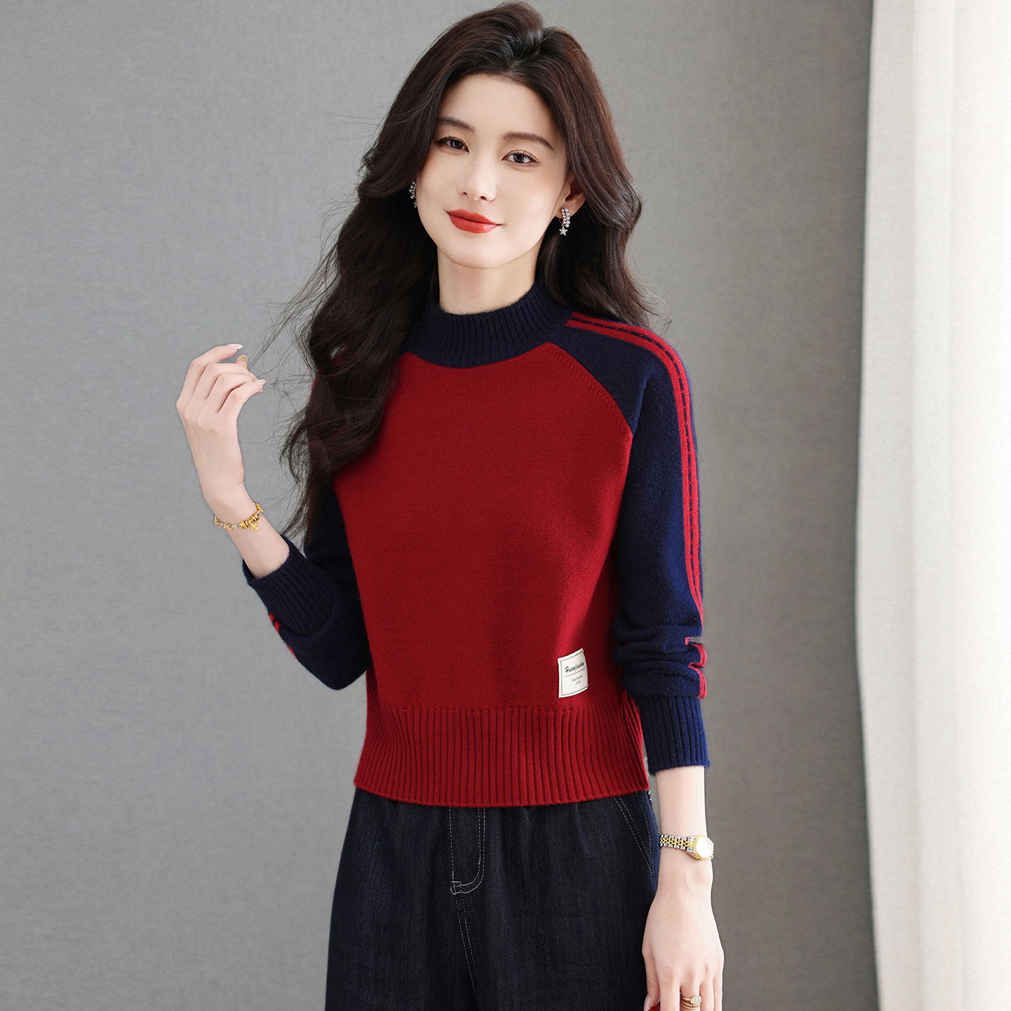 红色羊毛衫女半高领短款毛衣秋冬小个子高腰上衣宽松小款打底衫