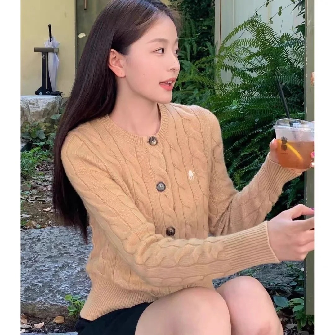 100%纯羊毛圆领长袖麻花开衫厚款秋冬新款女百搭毛衣慵懒风针织衫