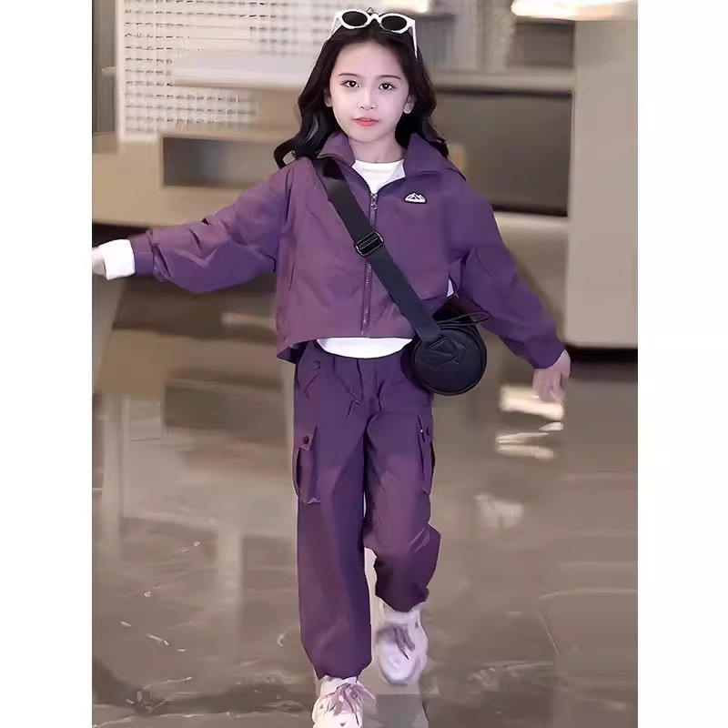 女童秋装套装2025新款儿童洋气冲锋衣外套工装裤两件套女孩运动服